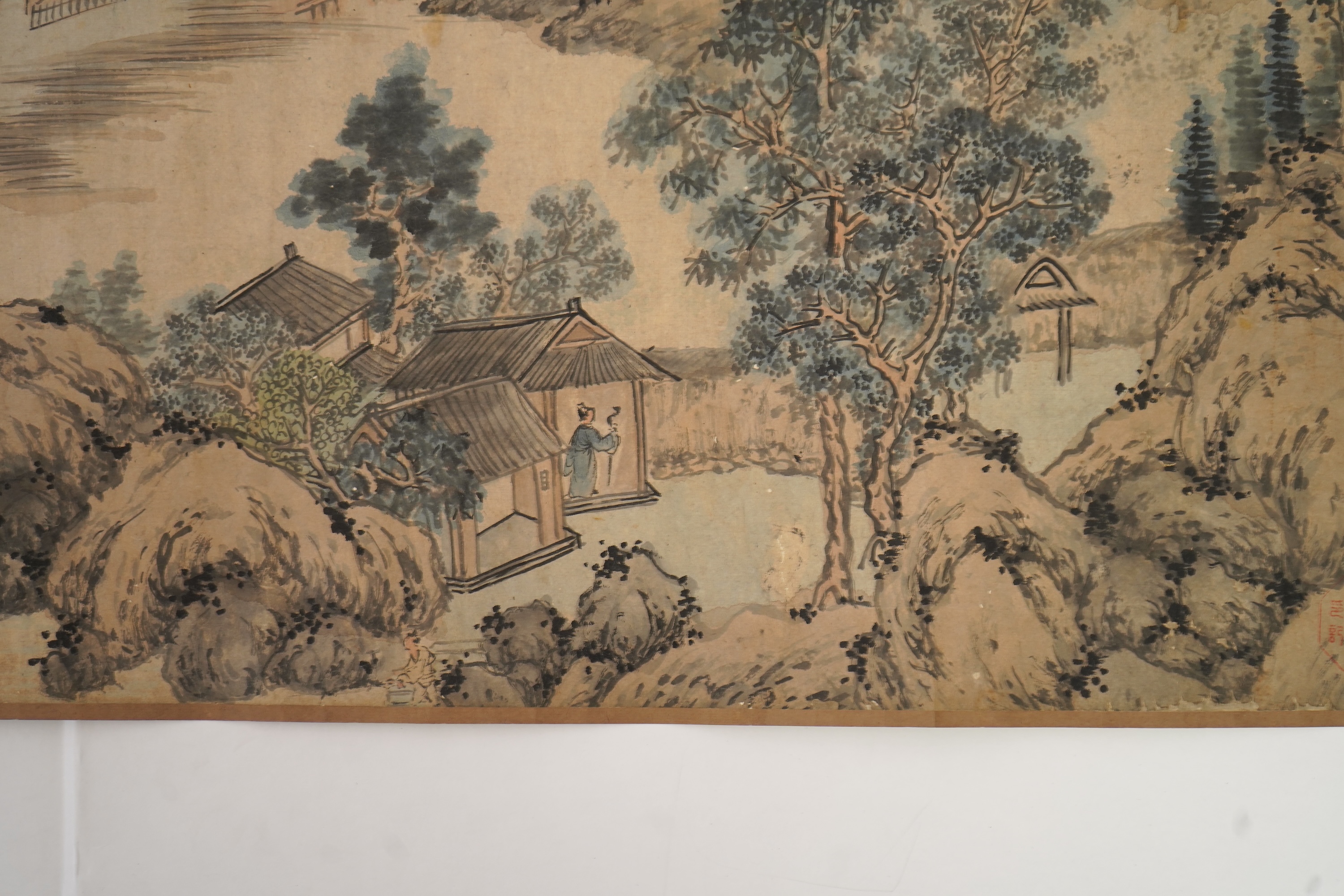 Chinese School , (Qing dynasty), Figures in a mountainous river landscape, Ink and colour on paper handscroll, 268.5cm x 29cm excluding borders